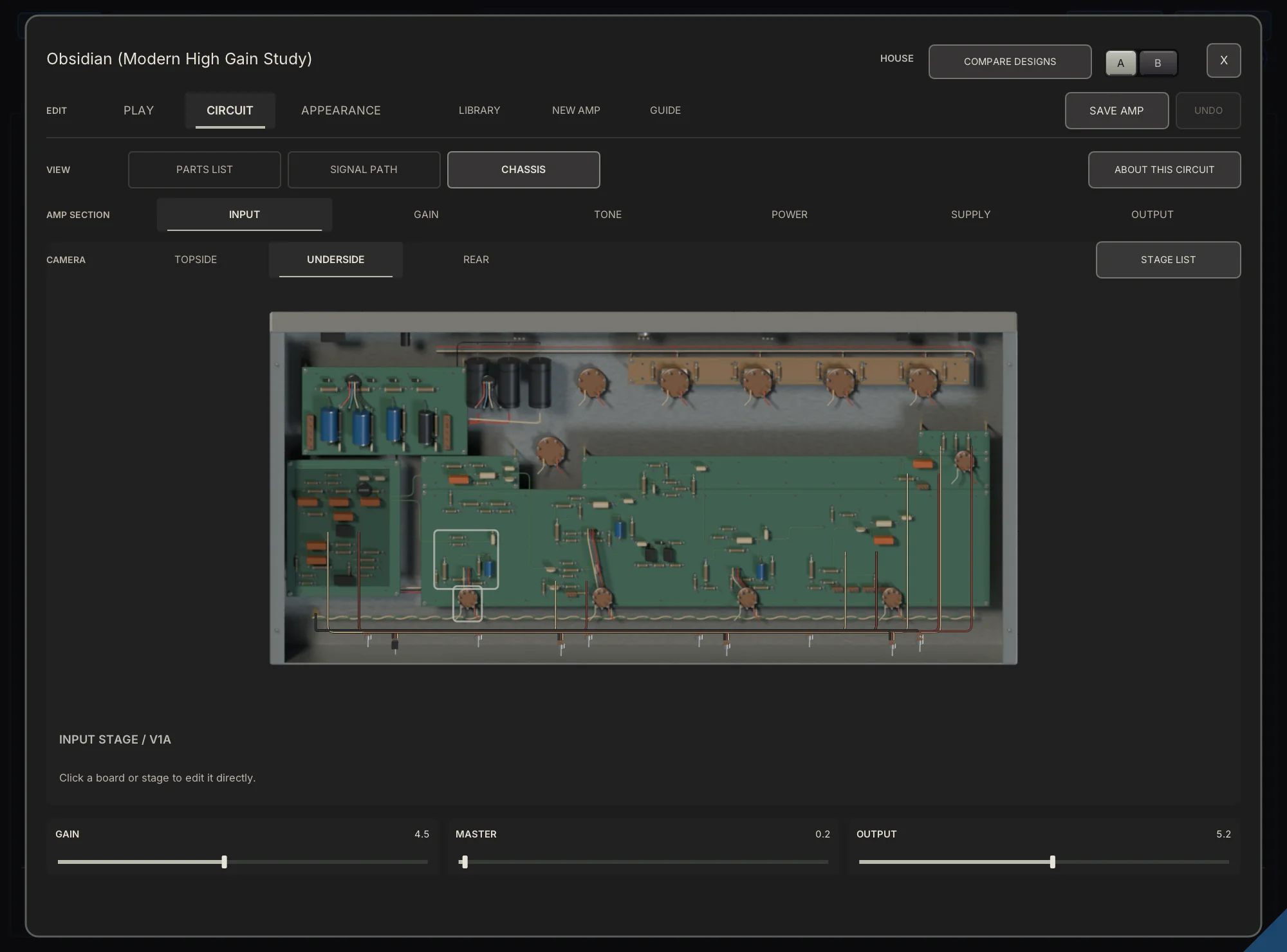 The Designer showing an Artificer amp's underside chassis and editable circuit parts