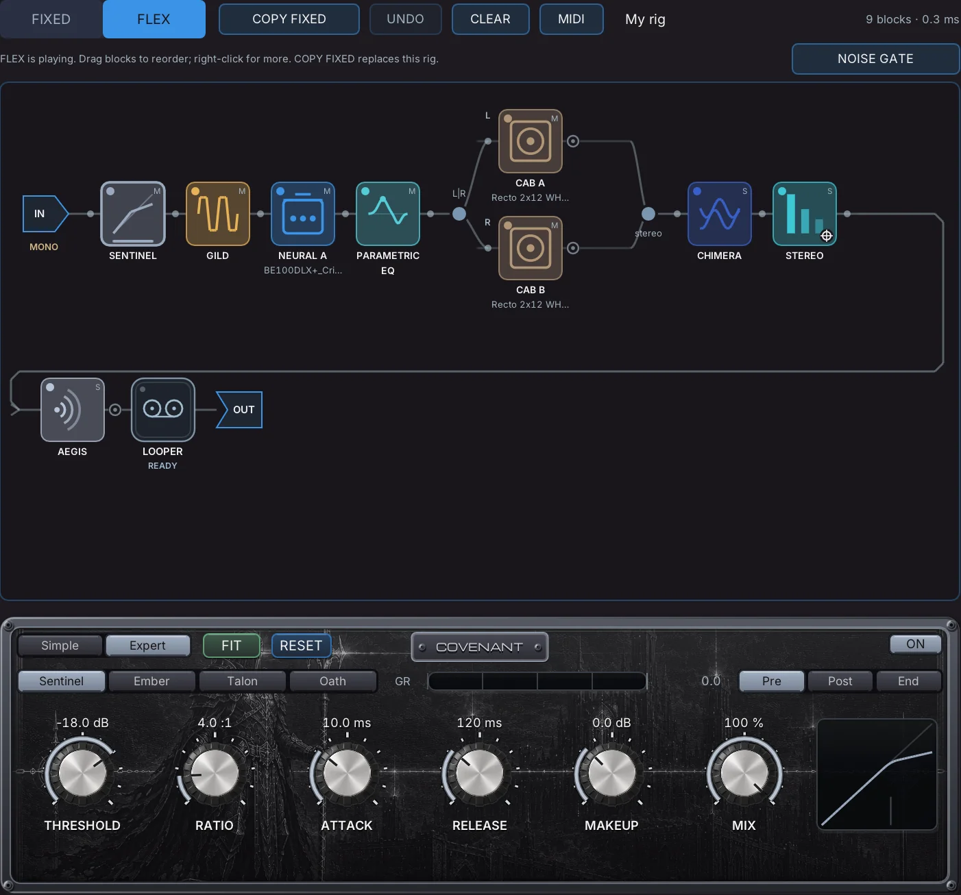 FLEX routing with amp, cabinet and effect blocks arranged in a signal chain