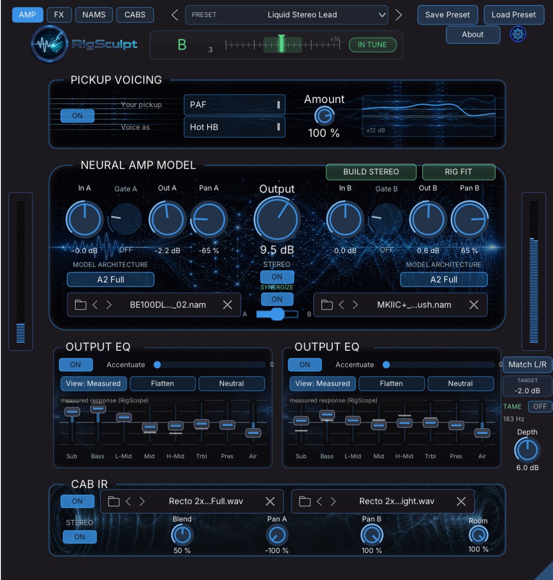 RigSculpt's AMP page: pickup voicing, two neural amp paths with BUILD STEREO and RIG FIT, output EQ, and the cabinet loader